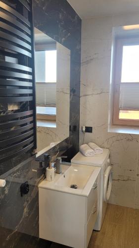 une salle de bain avec un lavabo et une machine à laver dans l'établissement Apartament Floriana, à Radom