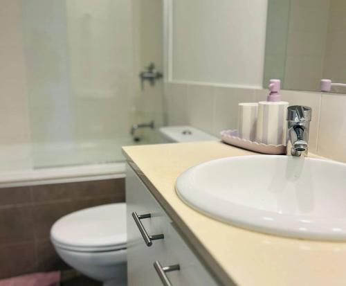 a bathroom with a sink and a toilet and a mirror at The Broadbeach Retreat in Gold Coast