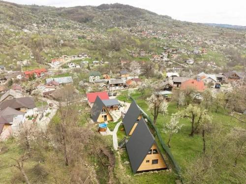 an overhead view of a house in a village at Carpatina Runcu căsuțe tip A in Runcu