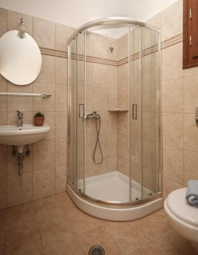 a bathroom with a shower and a sink at Eleonas 2 in Maragkas