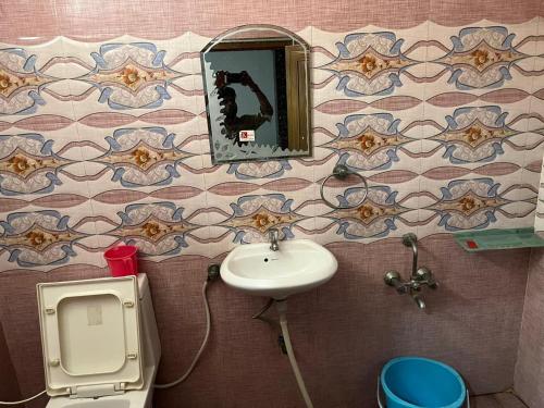 a bathroom with a sink and a mirror and a toilet at Hotel Krishna Gorakhpur in Gorakhpur
