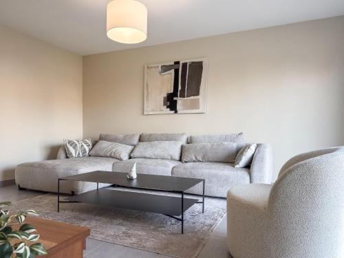 ein Wohnzimmer mit einer Couch und einem Couchtisch in der Unterkunft Maison contemporaine de 150 m2 avec garage privé et terrasse ensoleillée in Monswiller