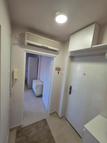 Un baño con puerta blanca y aire acondicionado. en Apartman Bibi centar, en Niš