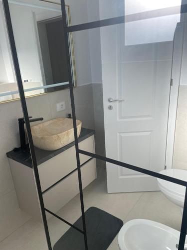 a bathroom with a mirror and a sink and a toilet at Apartament in Ipotești in Ipoteşti