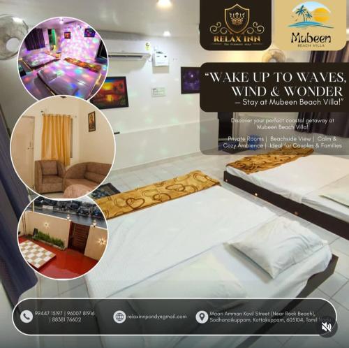 une vitrine représentant une chambre avec deux lits dans l'établissement Mubeen beach villa, à Pondichéry