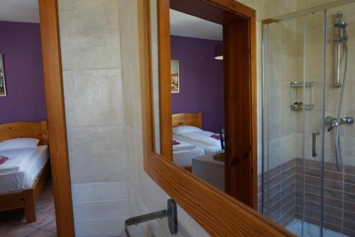 a bathroom with a shower and a toilet and a mirror at Il-Wileg B&B in Qala