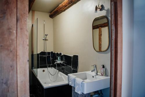 a bathroom with a sink and a mirror at Buteo chambres d'hôtes & espresso in Lesterny