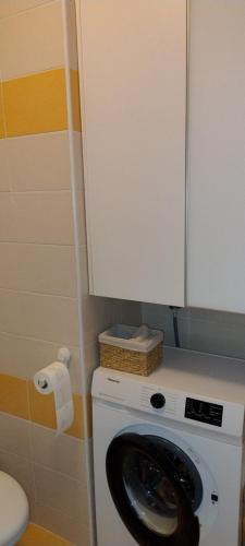 a washing machine in a bathroom with a white cabinet at Lux Apartmans in Zagreb
