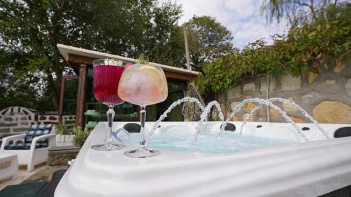 twee wijnglazen bovenop een bad bij Вила Лонгоз 