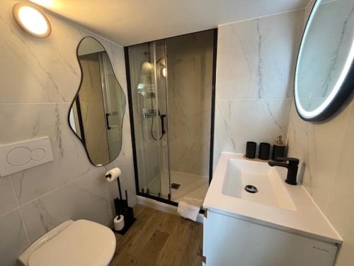 La Celle-sous-GouzonLe Bohème的浴室里有马桶、洗手池和淋浴。