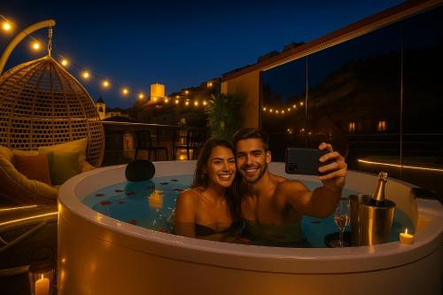 a man and a woman taking a picture in a bathtub at La Suite Secreta del Júcar in Alcalá del Júcar