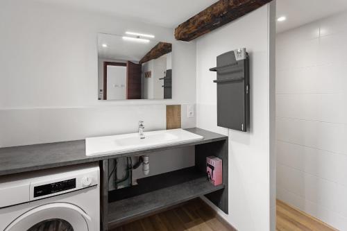 a bathroom with a sink and a washing machine at La Rousseline - Bord de Sèvre, Calme & Moderne in Boussay