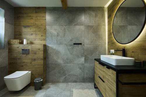 Zubrzyca DolnaCozy mountain house - Coolówka pod Babią Górą的浴室里有马桶、洗手池和镜子。