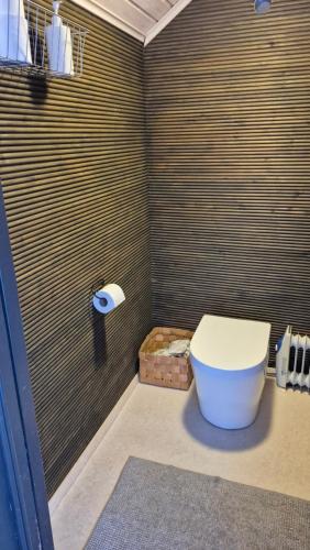 a bathroom with a toilet and a roll of toilet paper at Onnela Homestay Sauna Cottage in Rovaniemi