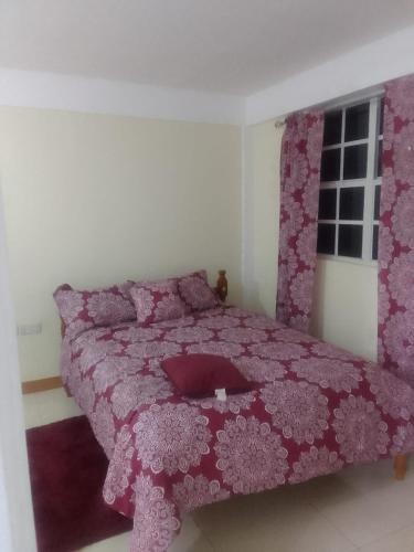 a bedroom with a bed with a pink blanket at KanXio's Apartment in Pointe Michel