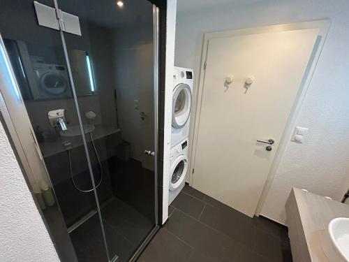 une salle de bain avec une machine à laver et un lave-linge dans l'établissement Jasminkas Host 3 - Stadtwohnung mit Küche & gratis Parkplatz, à Saint-Gall