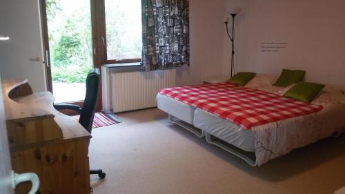 1 dormitorio con cama, escritorio y ventana en Villa Sø, en Odense