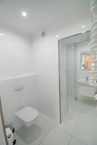 a white bathroom with a toilet and a sink at Rewita Rogowo k Kołobrzegu in Rogowo