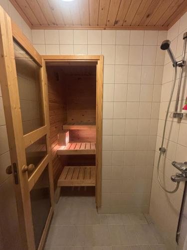 a small bathroom with a shower and a toilet in it at Villa Sillankorva in Viitasaari