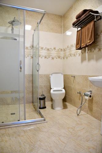 a bathroom with a shower and a toilet and a sink at Park Naftalan Sanatoriya Kompleksi in Naftalan