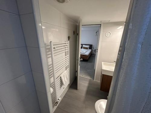 a bathroom with a toilet and a sink and a bed at Gemütliche Souterrainwohnung mit gratis Parkplatz in St. Gallen