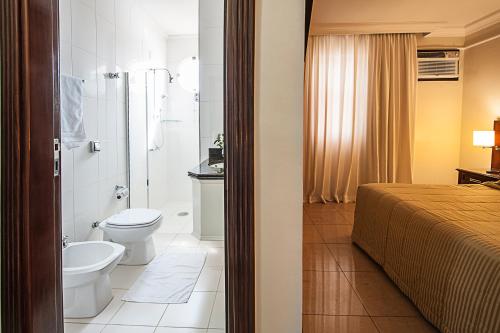 a bathroom with a bed and a toilet and a shower at Reisper Palace Hotel in Catanduva