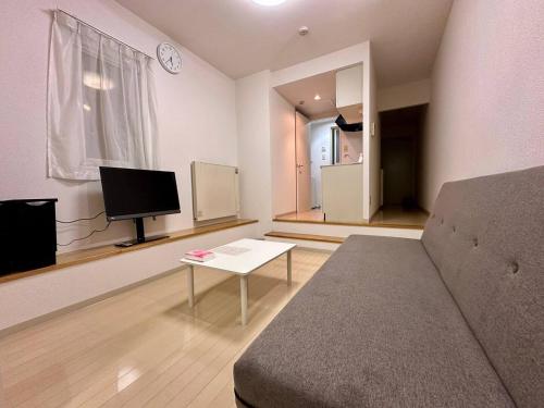 a living room with a couch and a tv at 410札幌駅徒歩7分と大通駅徒歩6分で好立地な都心を満喫でき綺麗な部屋で快適が生活が実現 in Sapporo