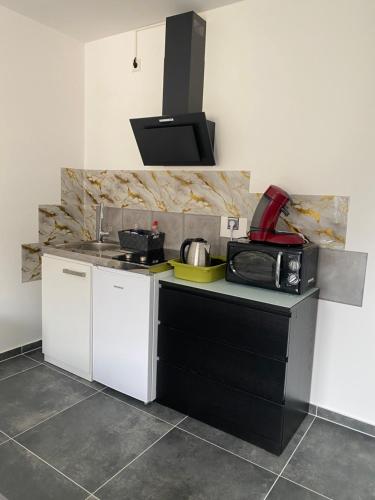 a kitchen with a stove and a counter top at Modernes 1-Zimmer Apartment mit Küche und Bad in Merzig
