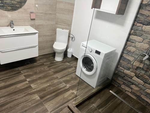 a bathroom with a washing machine and a toilet at Villa59 in Preajba