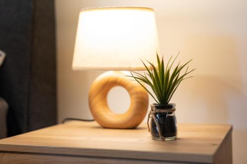 a table with a lamp and a potted plant on it at Manči in Zaprešić