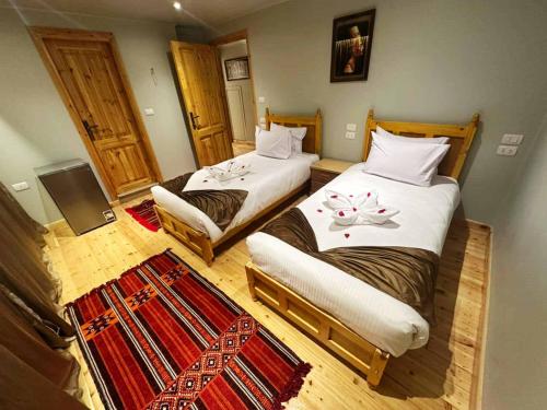 卢克索Embrace 2 Nile Sailing Dahabiya -Luxor- Aswan- 4 Nights的有两张床和一张地毯的房间