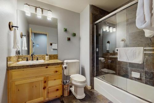 een badkamer met toilet, wastafel en douche bij Tavern Inn #38 in Olympic Valley