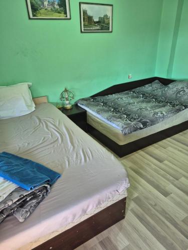 two twin beds in a room with at Апартамент за гости"Вълчанови" in Elkhovo