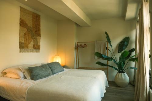 a bedroom with a bed and a potted plant at Milk and cookies in Venlo