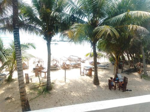a view of a beach with palm trees and tables at Kusuma's Lazy Left hostel in Midigama