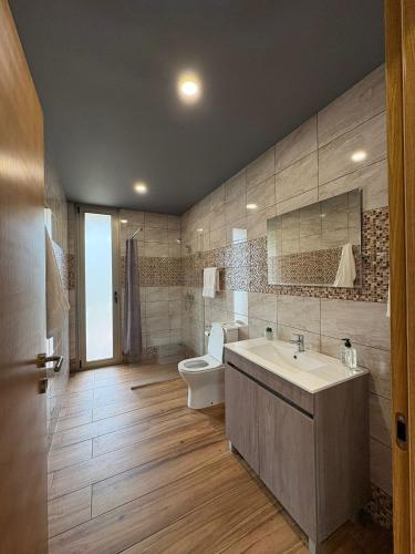 a bathroom with a sink and a toilet in it at Sunset Valley House in Ribeira Brava