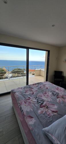 ein Schlafzimmer mit einem großen Bett und Meerblick in der Unterkunft Villa de soleil à Cerbère, in Cerbère