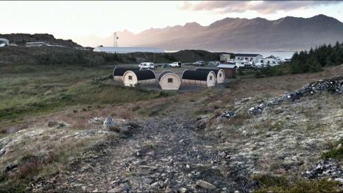 a group of houses on a hill in a field at Framtid Camping Lodging Barrels in Djúpivogur