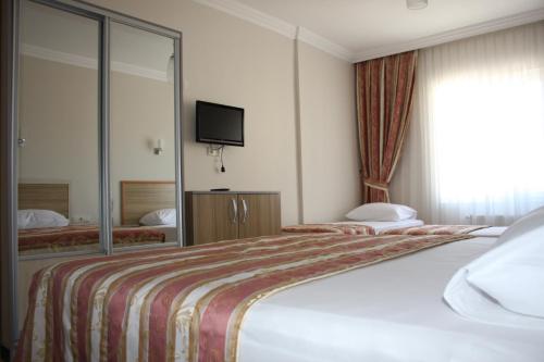 Una habitación de hotel con una cama grande y un televisor. en Hotel Ejder, en Eceabat