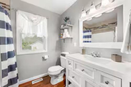 a bathroom with a toilet and a sink and a mirror at Spacious 3 Bedroom in Cary