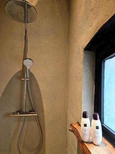 a bathroom with a shower with two bottles on a shelf at Logeerderij Het Landleven met jacuzzi en Finse sauna Achterhoek in Vragender