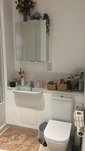 Un baño blanco con inodoro y lavabo. en Spacious ensuite room in front of station, en Ilford