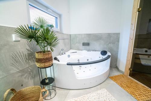 ein Bad mit einer Badewanne mit einer Pflanze in der Unterkunft Seeferienhaus am Süßen See 