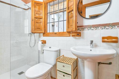 a bathroom with a toilet and a sink and a mirror at Cortijo A Navas in Frigiliana