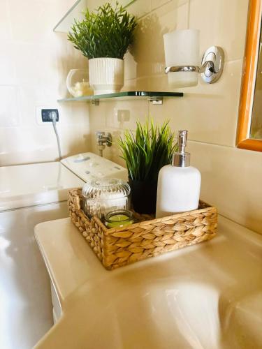 a bathroom sink with a soap dispenser and plants at Brezza Calabra Sea View Apartments in Scalea
