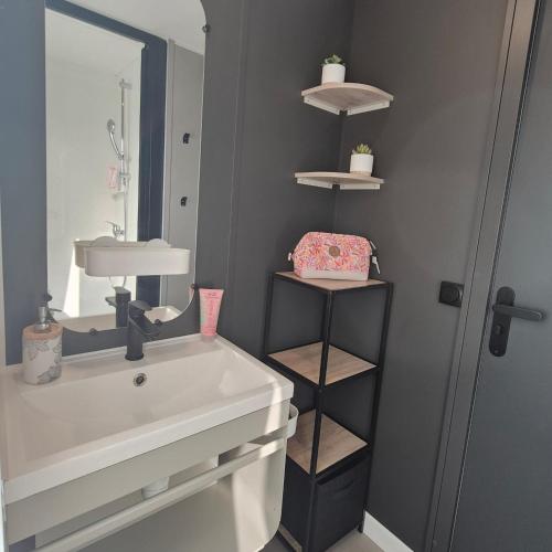 a bathroom with a white sink and a mirror at Le Cocon Mobil Home à 150 m de la plage Camping 5 Etoiles Les Dunes Parc Aquatique in Torreilles