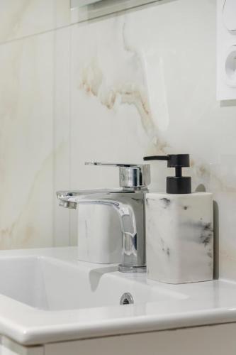 a kitchen sink with a faucet on top of it at Superbe appartement proche de stations de ski in Thonon-les-Bains