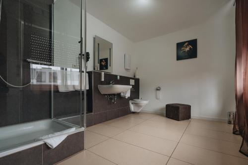 a bathroom with a shower and a sink and a toilet at Hotel Restaurant Latio in Cologne