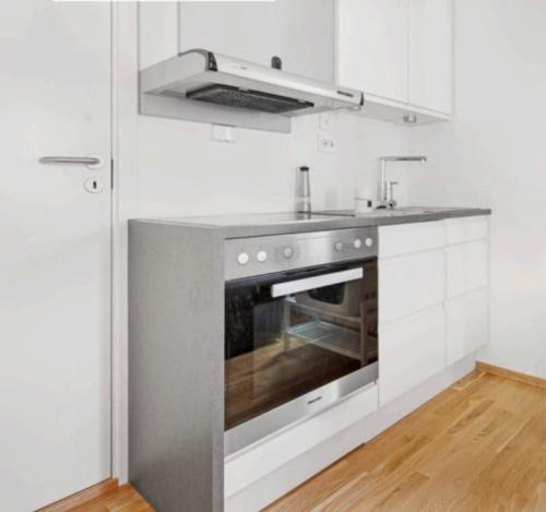 een keuken met een fornuis en een spoelbak bij Cottage studio in city centre in Tromsø