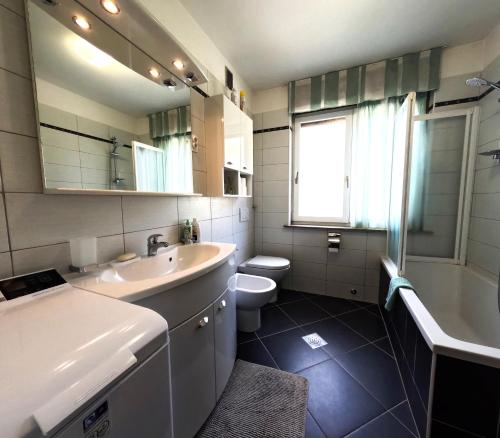 a bathroom with a sink and a toilet and a mirror at Apartma Mika in Most na Soči
